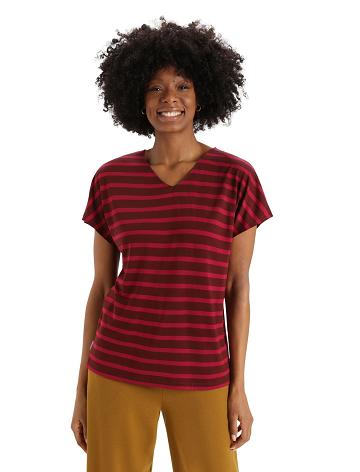 Espresso / Cherry Women's Icebreaker Merino Drayden Reversible Short Sleeve Top Stripe T Shirts | USA 1606CTVE